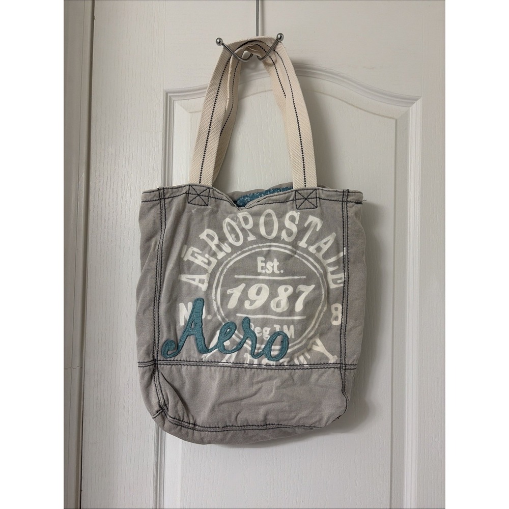 Y2K Aeropostale Aero Gray Canvas Tote Bag With  Cream Straps 100% Cotton